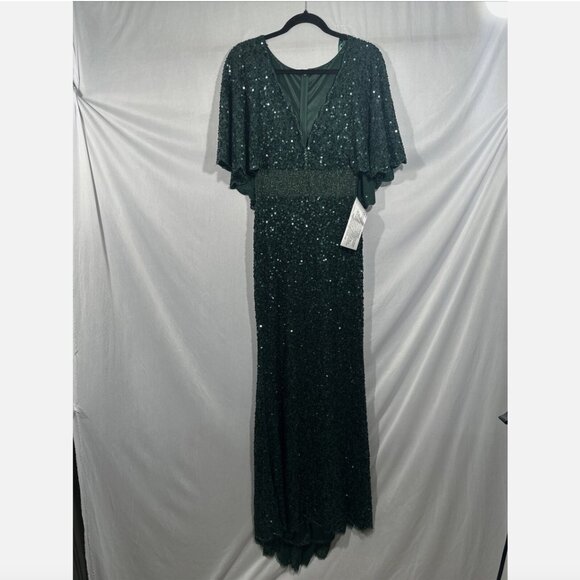 NWT $698 Mac Duggal [ 4 ] Sequined V Neck Cape Sleeve‎ Beaded Gown Green #Q745 - Picture 8 of 16